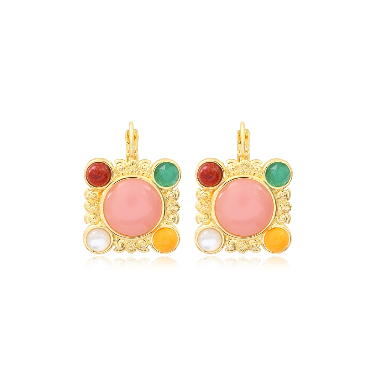 Océane Sleeper Earrings In Gold-Tone Metal With Multicolored Cabochons, Seashell Motif – Multi