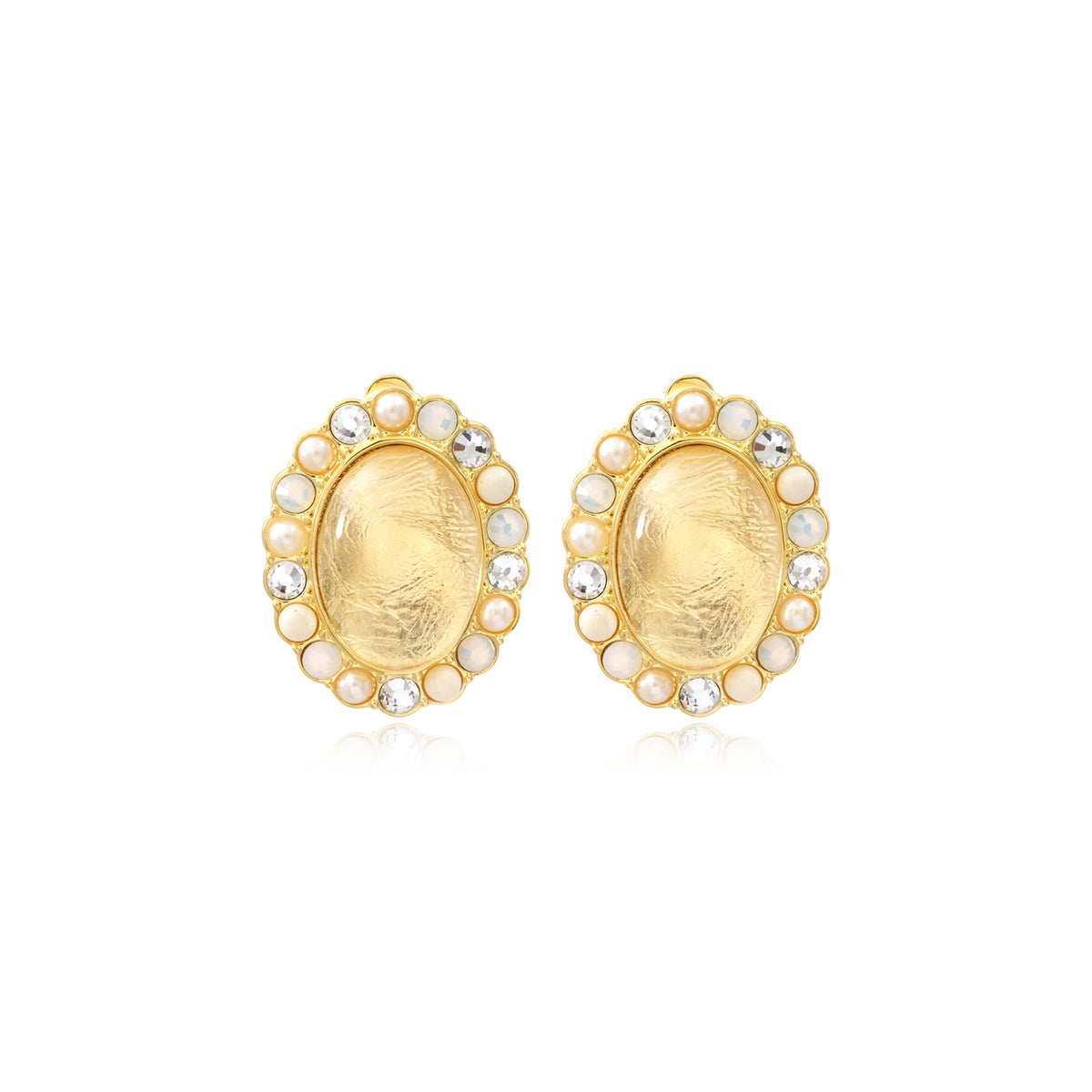 Océane Oval Clip Earrings In Gold-Tone Metal With Cabochon & Rhinestones – White