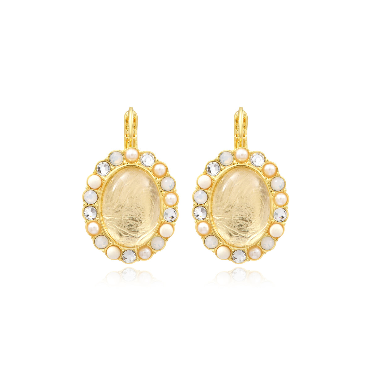 Océane Oval Sleeper Earrings In Gold-Tone Metal With Cabochon & Rhinestones – White