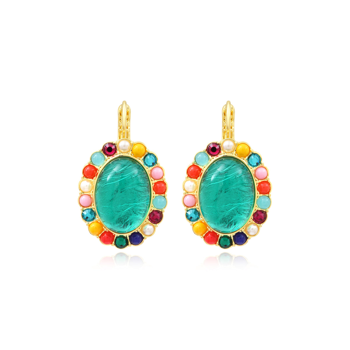 Océane Oval Sleeper Earrings In Gold-Tone Metal With Cabochon & Rhinestones – Multi