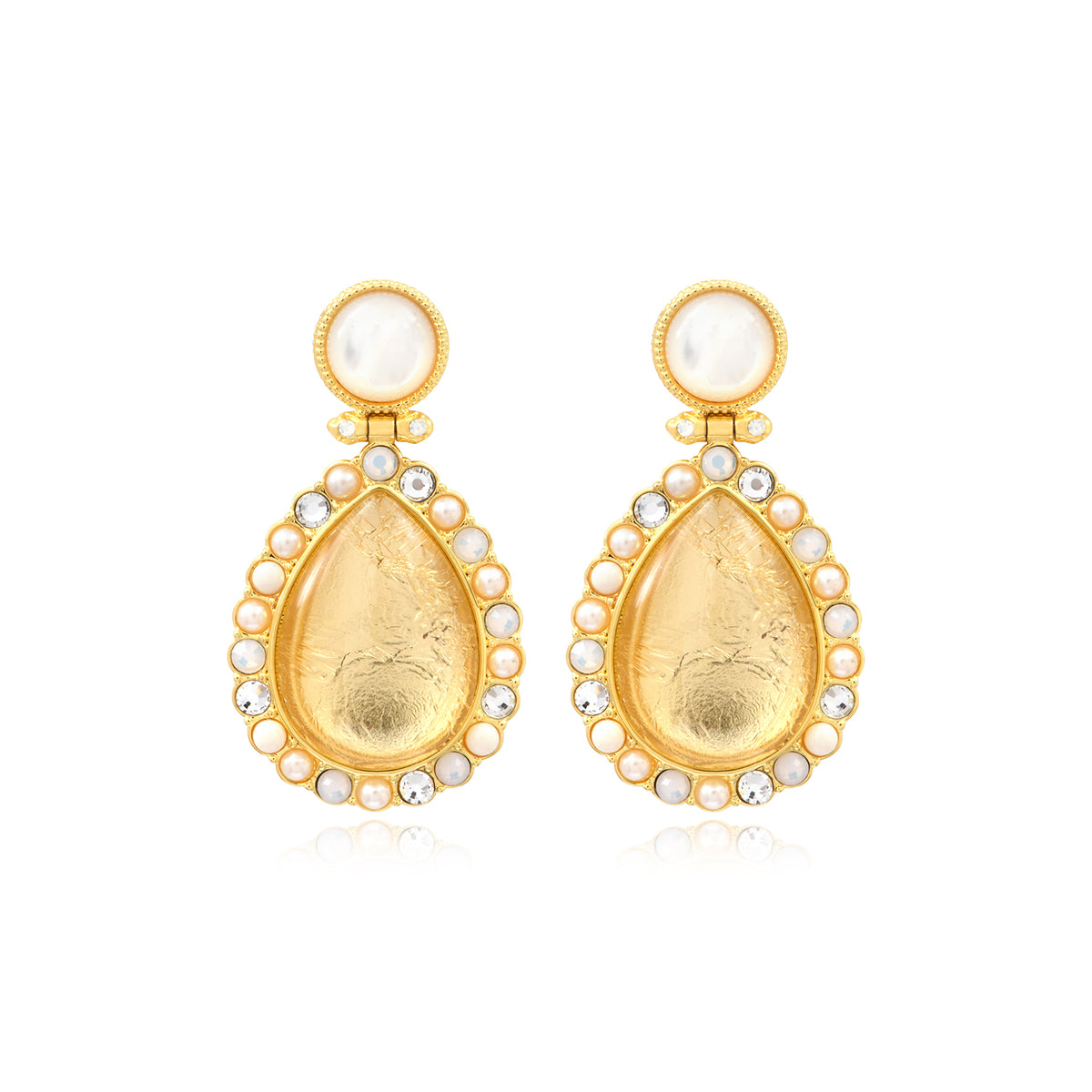 Océane Stud Earrings With Mother-Of-Pearl & Drop Cabochon Set With Rhinestones – White