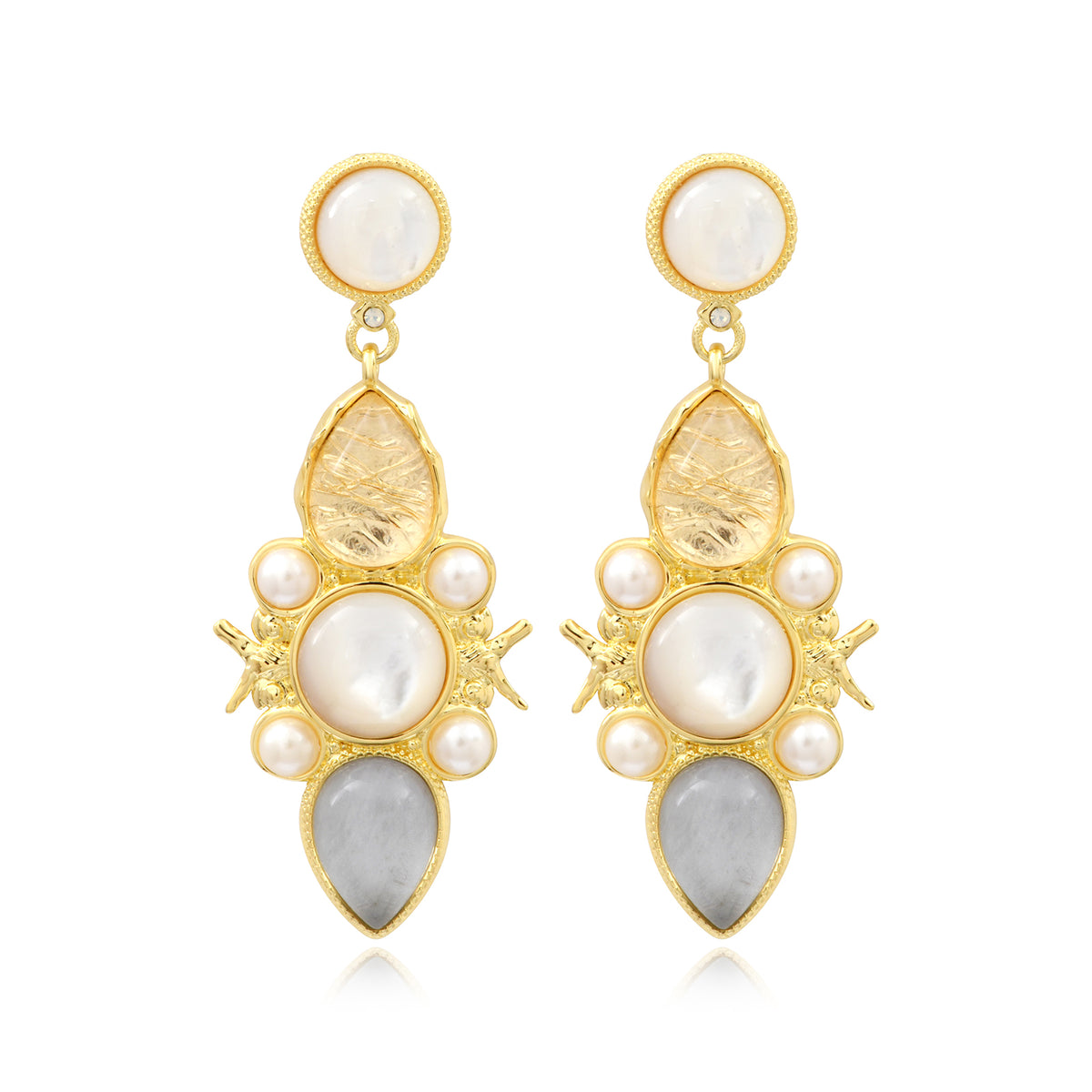Océane Dangling Stud Earrings In Mother-Of-Pearl & Cabochons – White