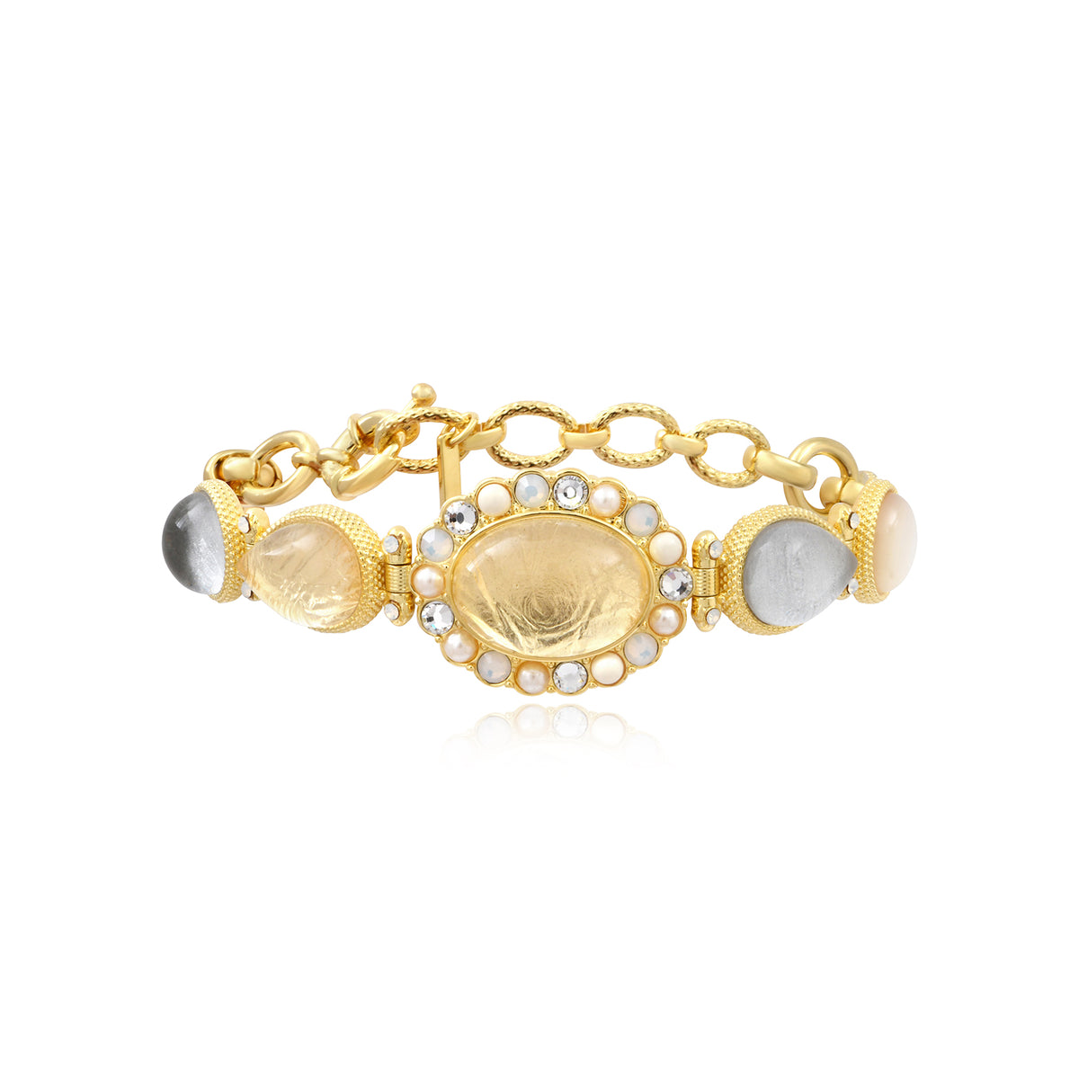 Océane Bracelet With Large Gold Links, Transparent Oval Cabochon & Gradient Of White Cabochons – White