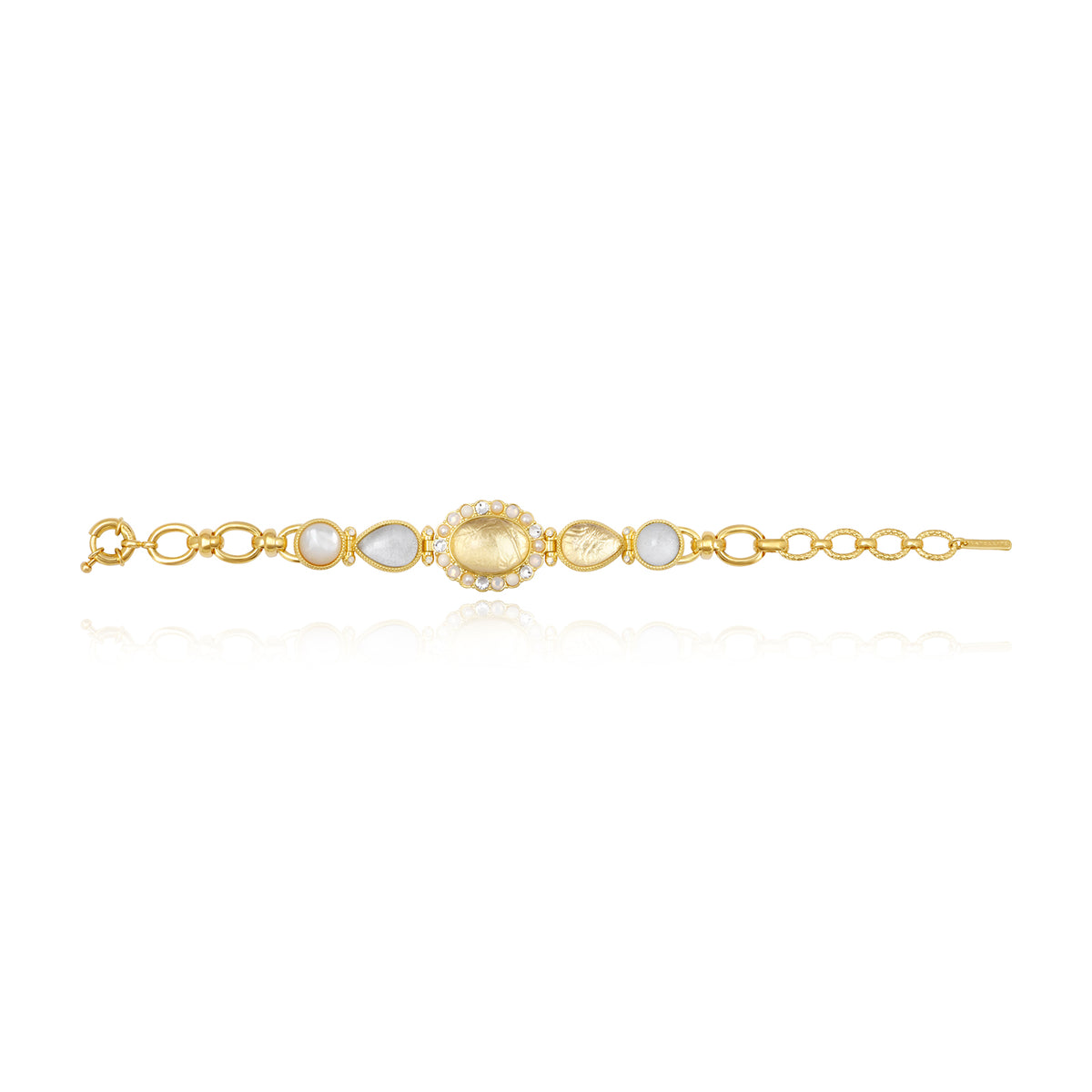 Océane Bracelet With Large Gold Links, Transparent Oval Cabochon & Gradient Of White Cabochons – White