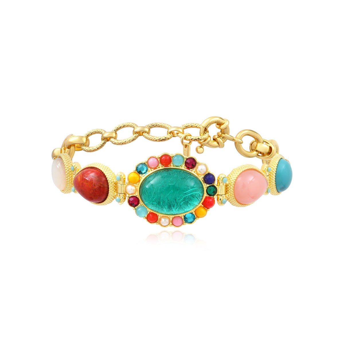 Océane Bracelet With Large Gold Links, Central Turquoise Cabochon & Gradient Of Colored Cabochons – Multicolored