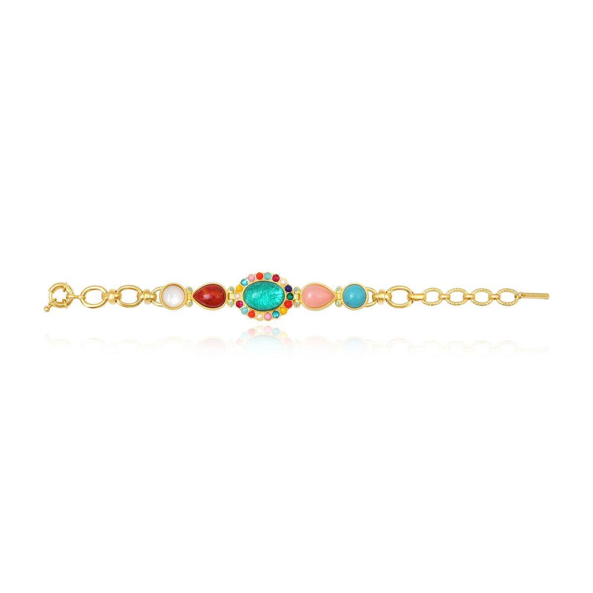 Océane Bracelet With Large Gold Links, Central Turquoise Cabochon & Gradient Of Colored Cabochons – Multicolored