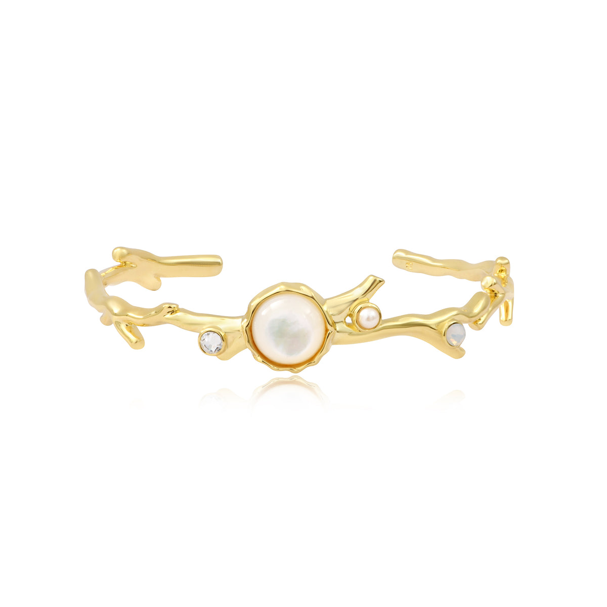 Océane Gold Bangle Bracelet With Round Mother-Of-Pearl Cabochon & Rhinestones – White