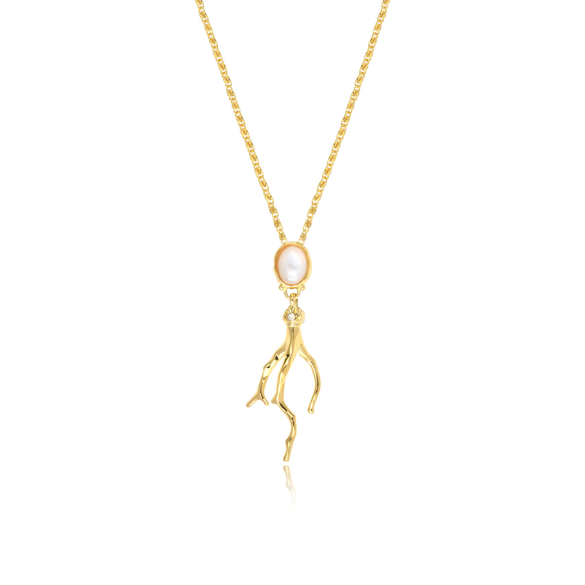 Océane Necklace In Gold-Tone Metal With Fine Chain, Mother-Of-Pearl & Coral Pendant – White