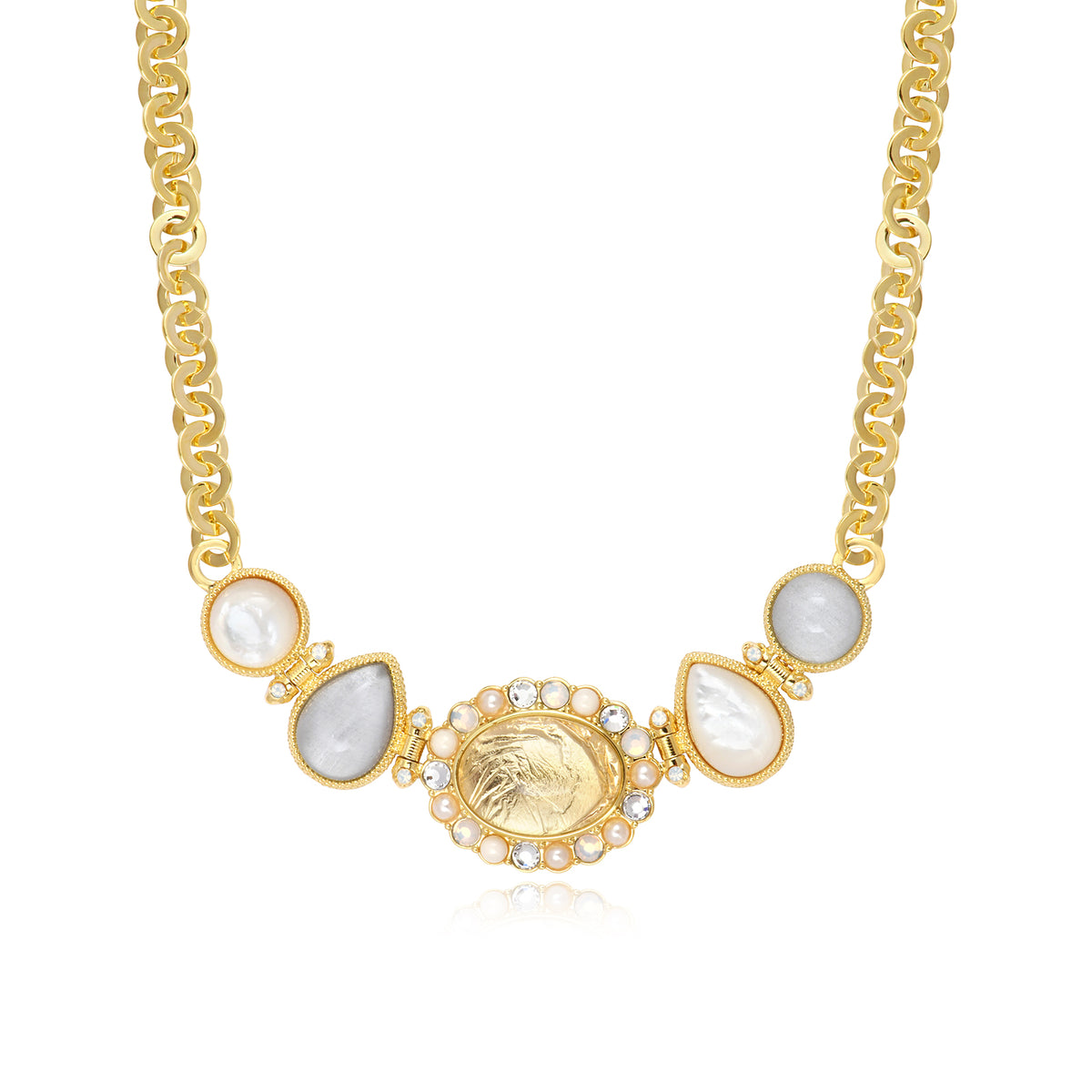 Océane Necklace In Gold-Tone Metal With Round Links, Oval Motif & Pearly Gradient – White