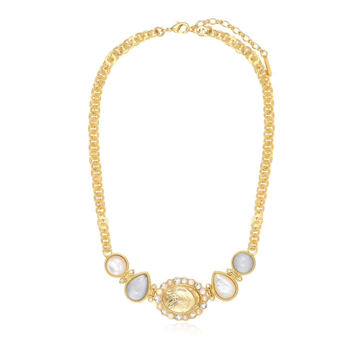 Océane Necklace In Gold-Tone Metal With Round Links, Oval Motif & Pearly Gradient – White