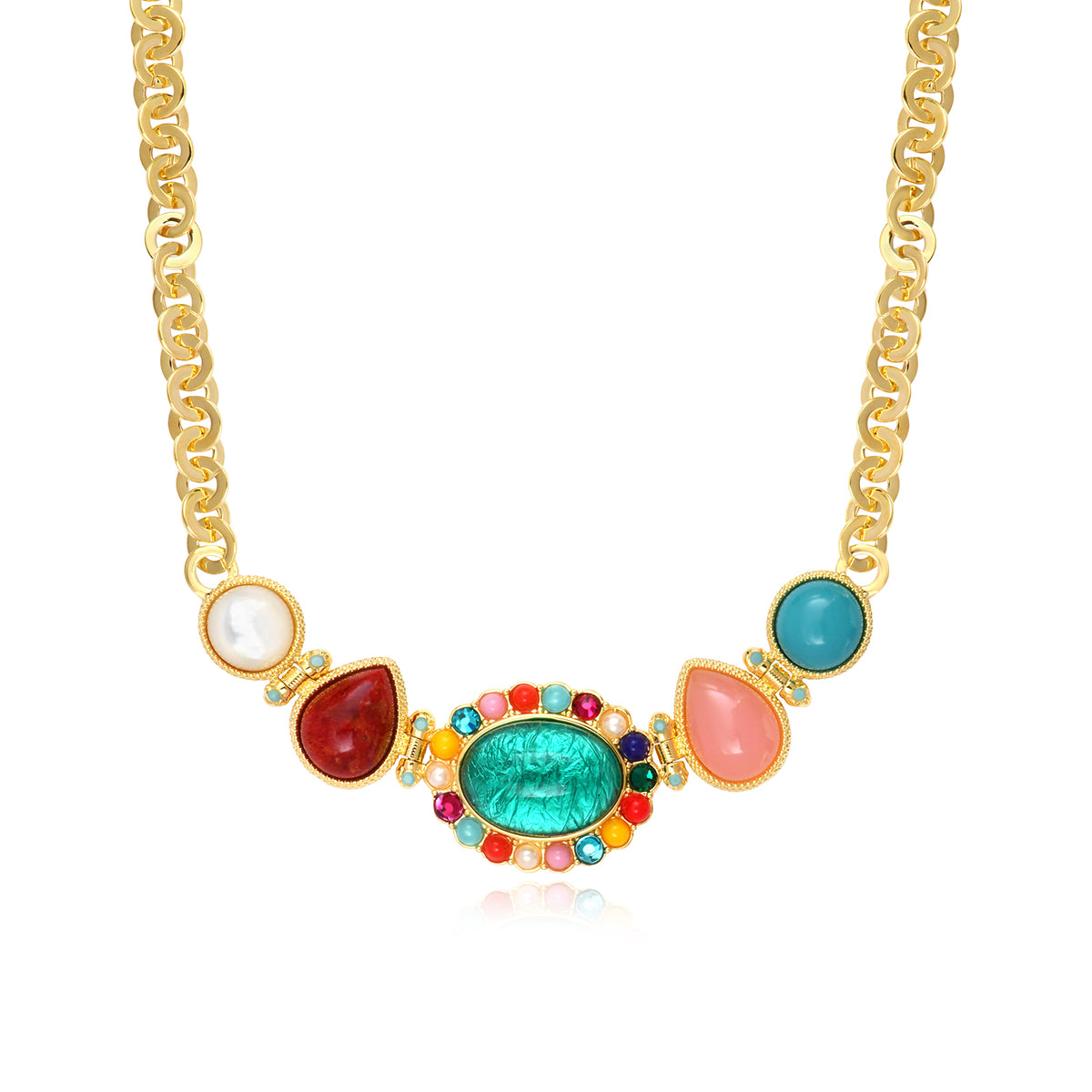 Océane Necklace In Gold-Tone Metal With Round Links, Oval Motif & Colorful Gradient – Multicolored