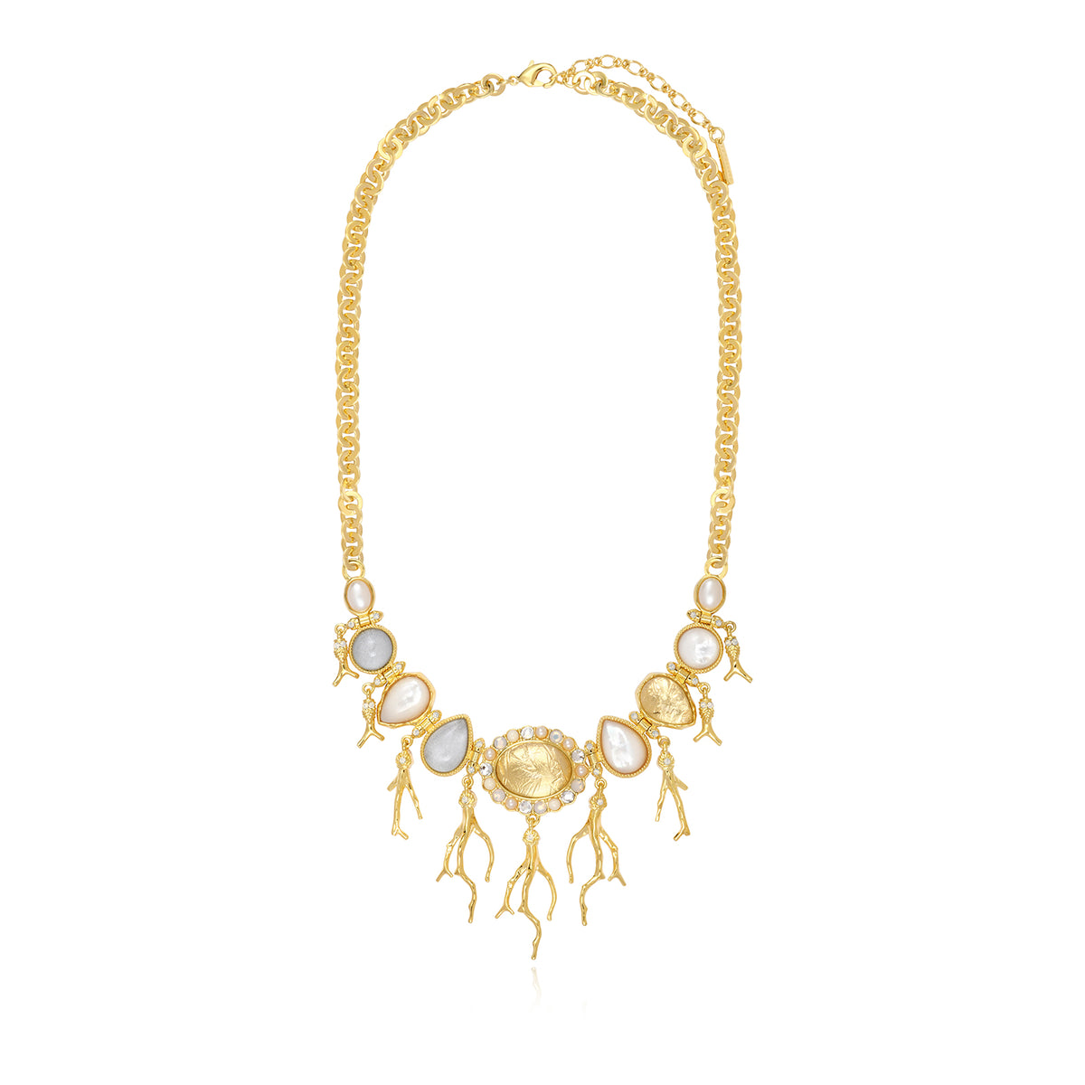 Océane Necklace With Round Gold Links, Gradient Cabochons & Gold Coral Pendants – White