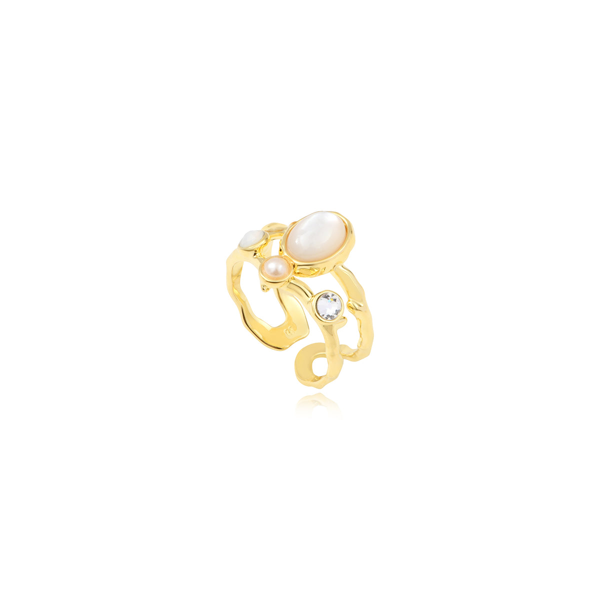 Océane Adjustable Gold-Tone Ring Size M, White Cabochon & Rhinestones – White