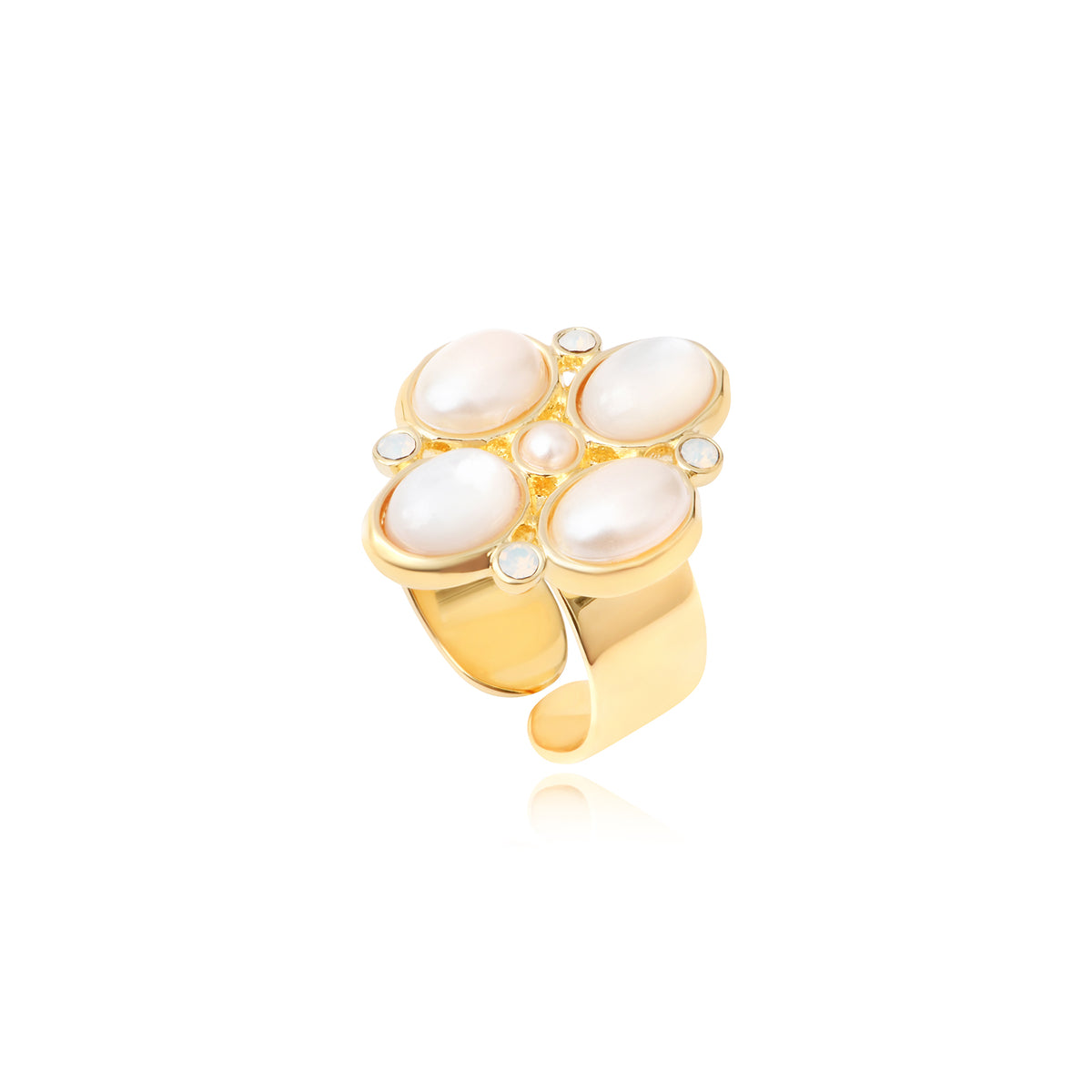 Océane Gold-Tone Metal Ring Size M, Wide Ring With White Cabochons & Rhinestones – White