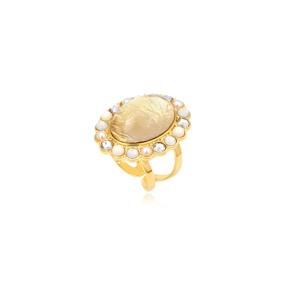 Océane Adjustable Gold-Tone Ring Size M, Transparent Oval Central Motif & Rhinestones – White