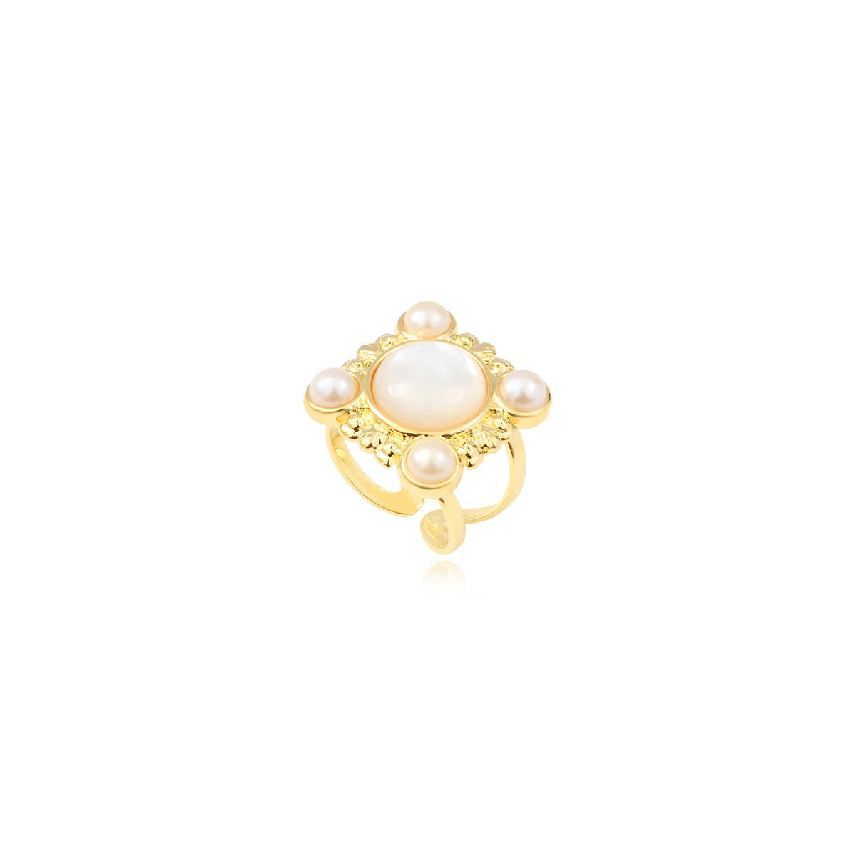 Océane Adjustable Gold-Tone Ring Size S, Square Central Motif With Mother-Of-Pearl – White