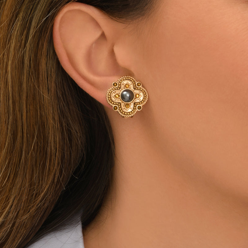 Positano Mother-of-pearl Cabochon & Crystal Clip-on Earrings in Grey