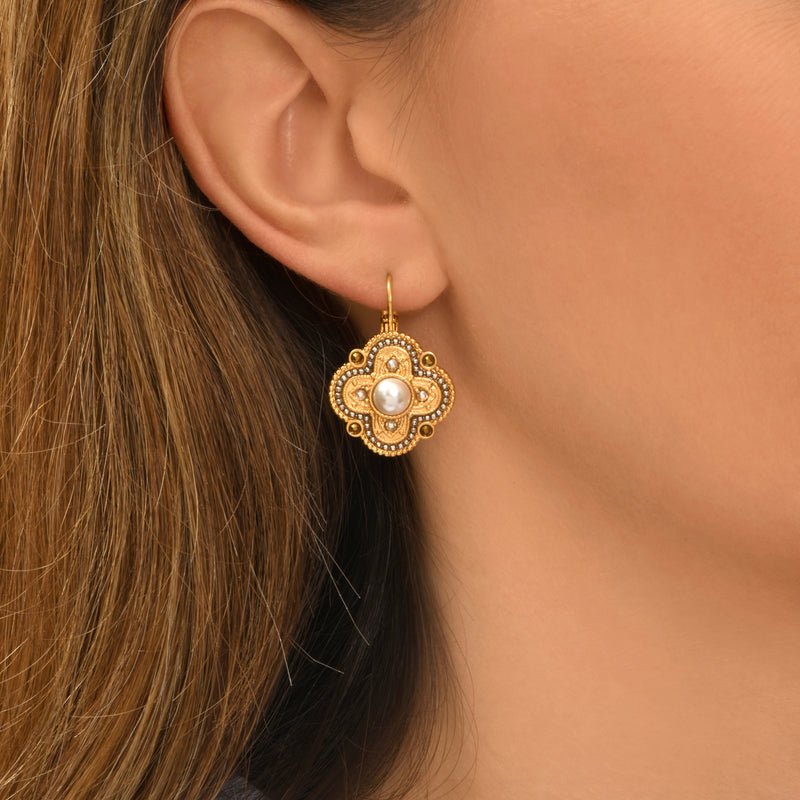 Positano Mother-of-pearl Cabochon & Crystal pierced Stud Earrings in White