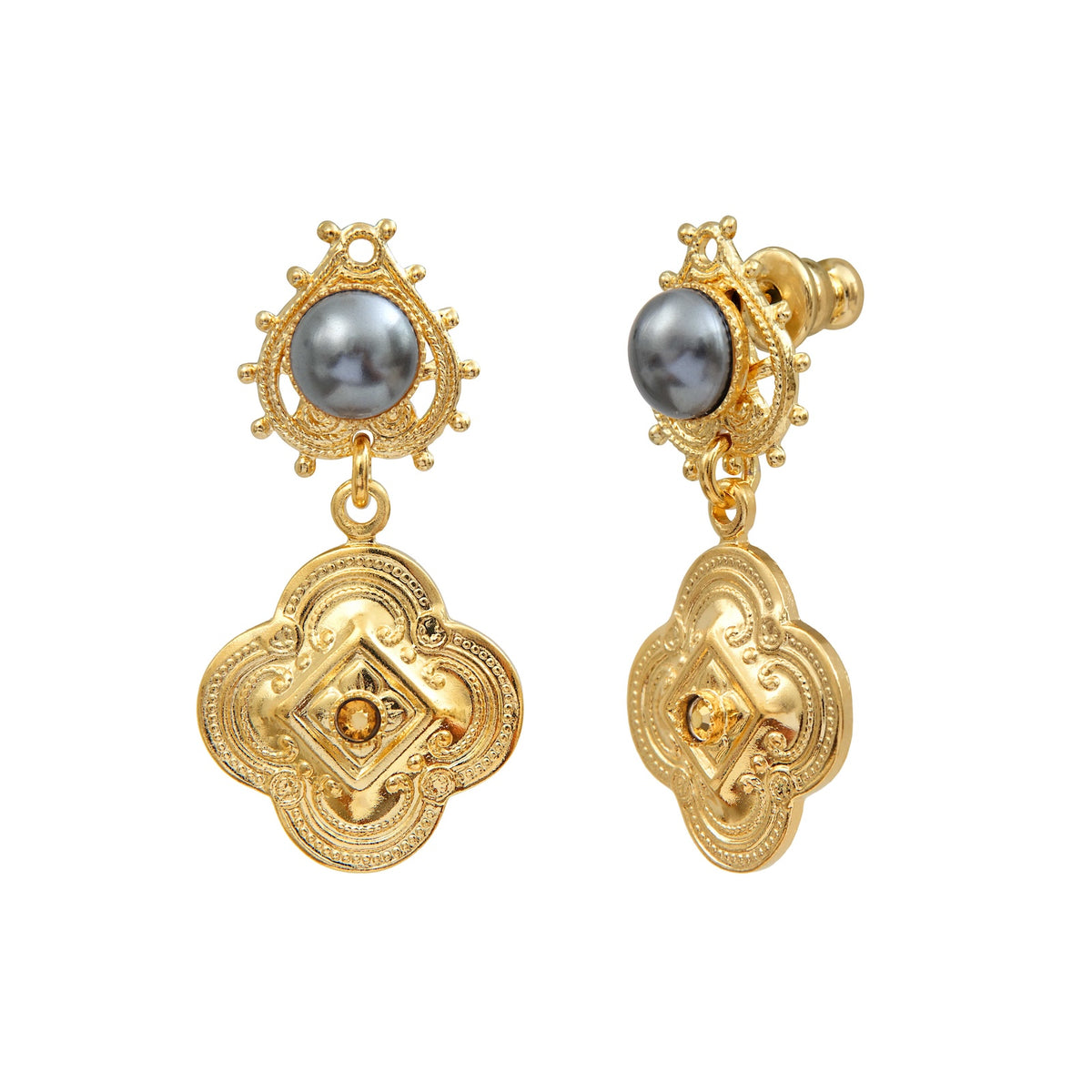 Positano Mother-of-pearl Cabochon & Crystal Drop Earrings in Grey