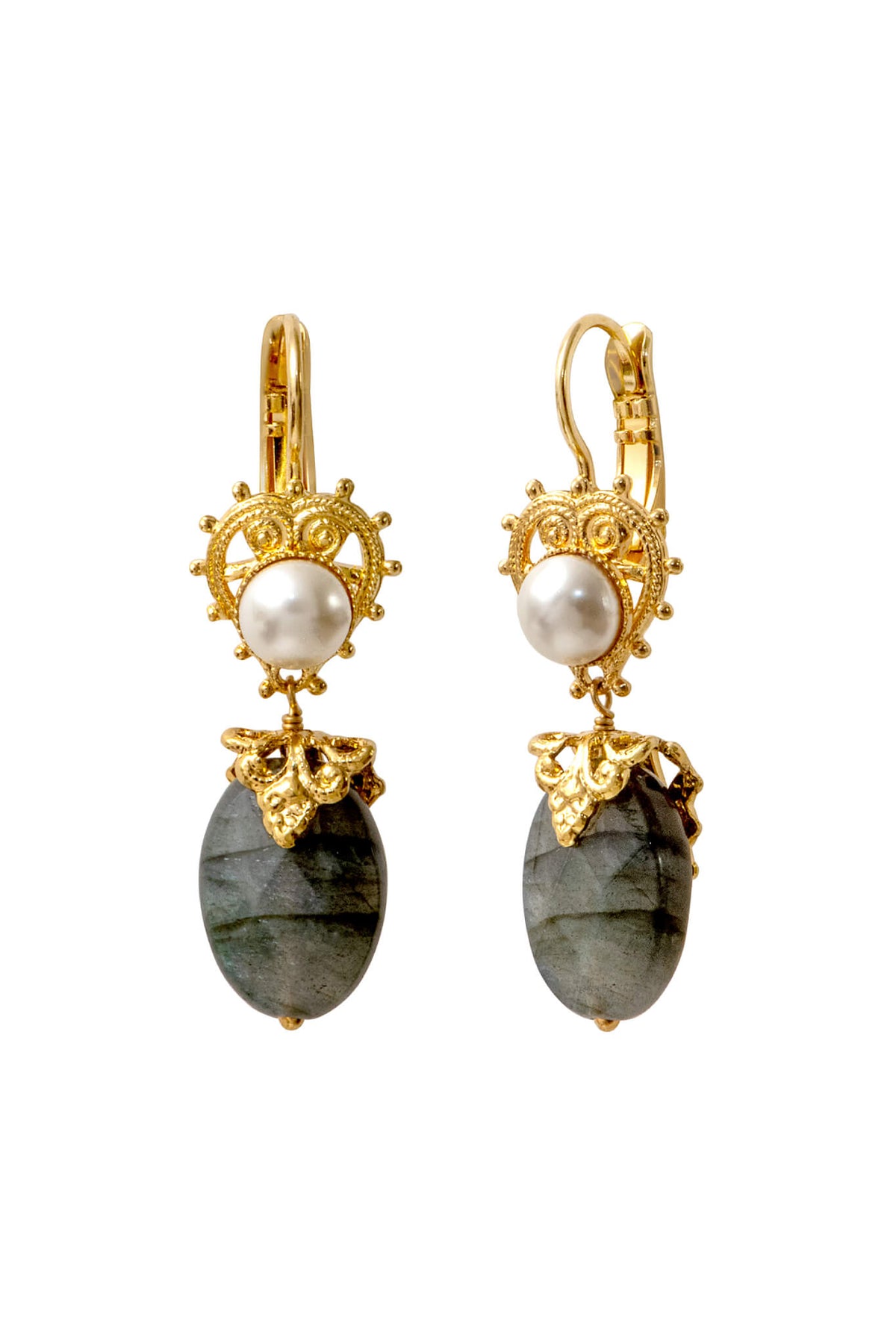 Positano Mother-of-pearl Cabochon & Labradorite pierced Drop Earrings in Grey