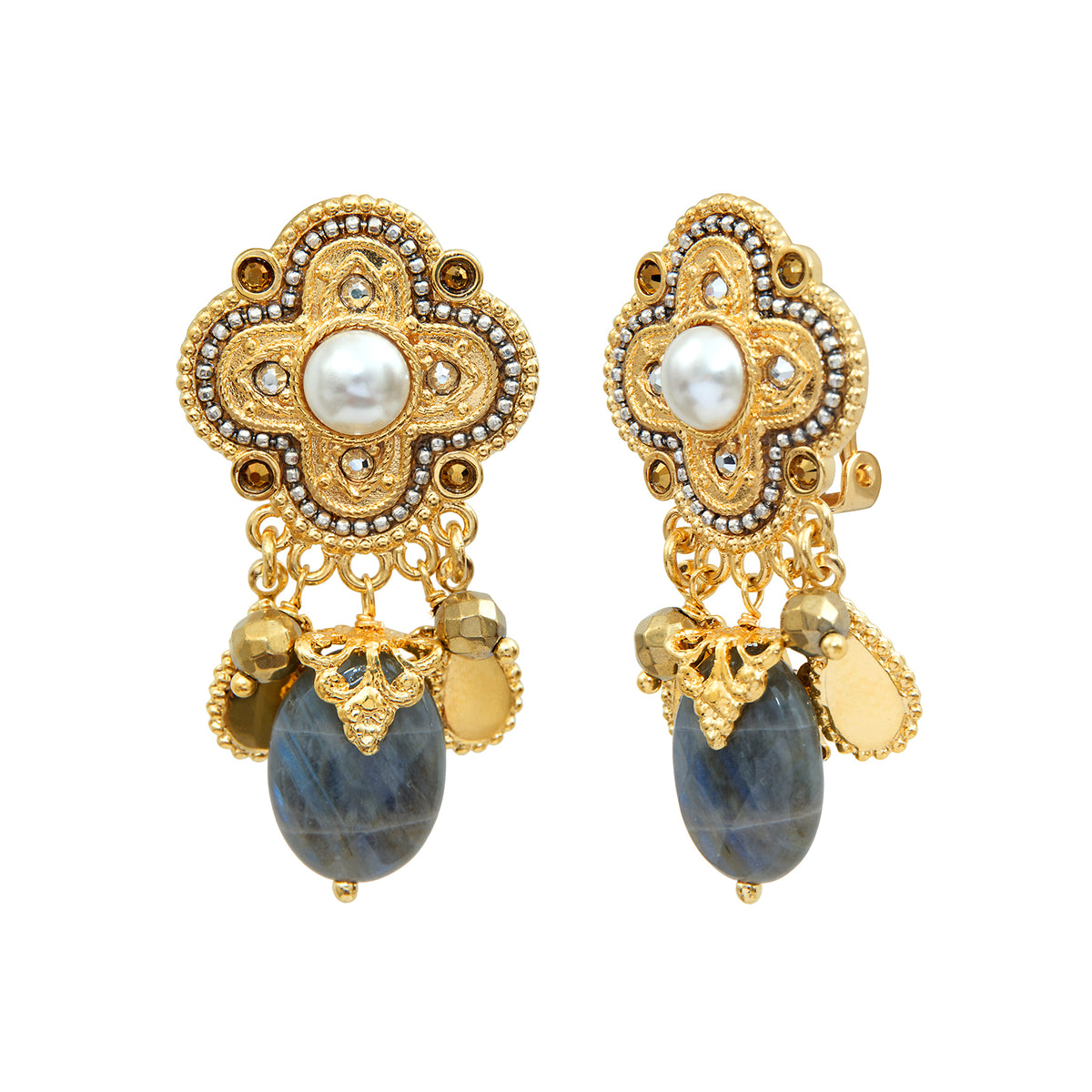 Positano Labradorite & Mother-of-pearl Cabochon Clip-on Earrings in White