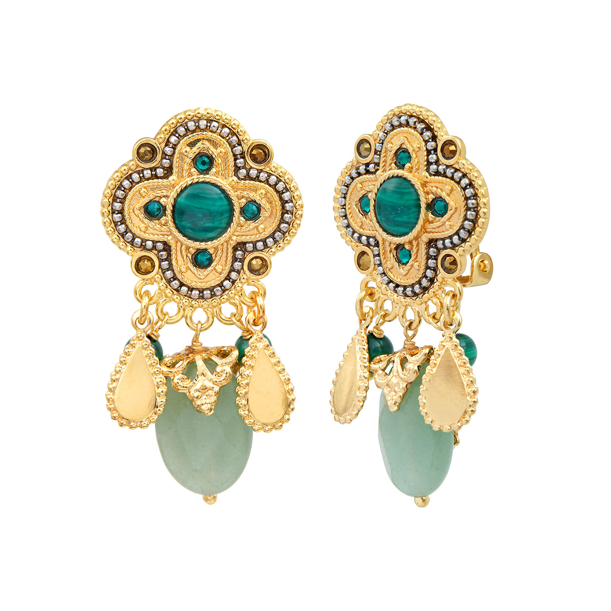 Positano Malacate-effect Stone & Mother-of-pearl Cabochon Clip-on Earrings in Green