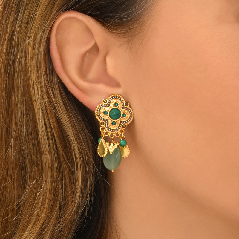 Positano Malacate-effect Stone & Mother-of-pearl Cabochon Clip-on Earrings in Green