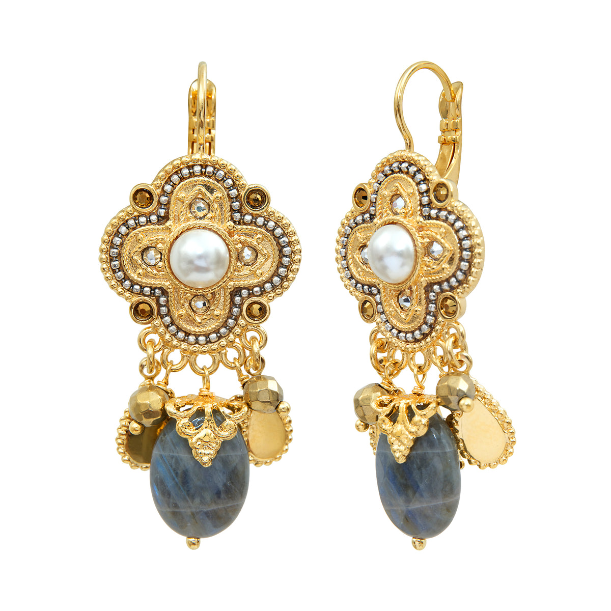 Positano Labradorite & Mother-of-pearl Cabochon pierced Earrings in White