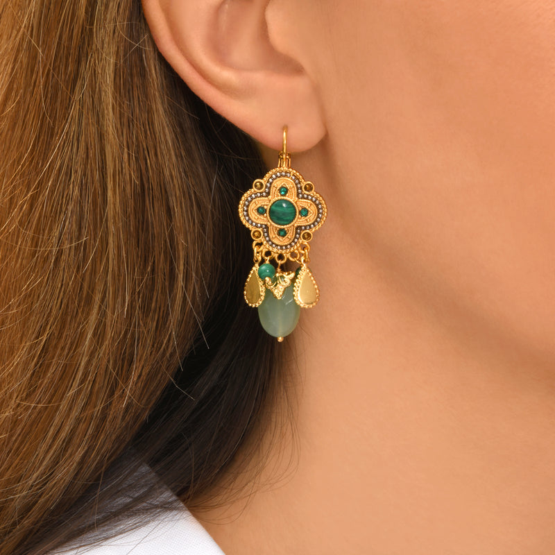Positano Malachite-effect Stone & Mother-of-pearl Cabochon pierced Earrings in Green