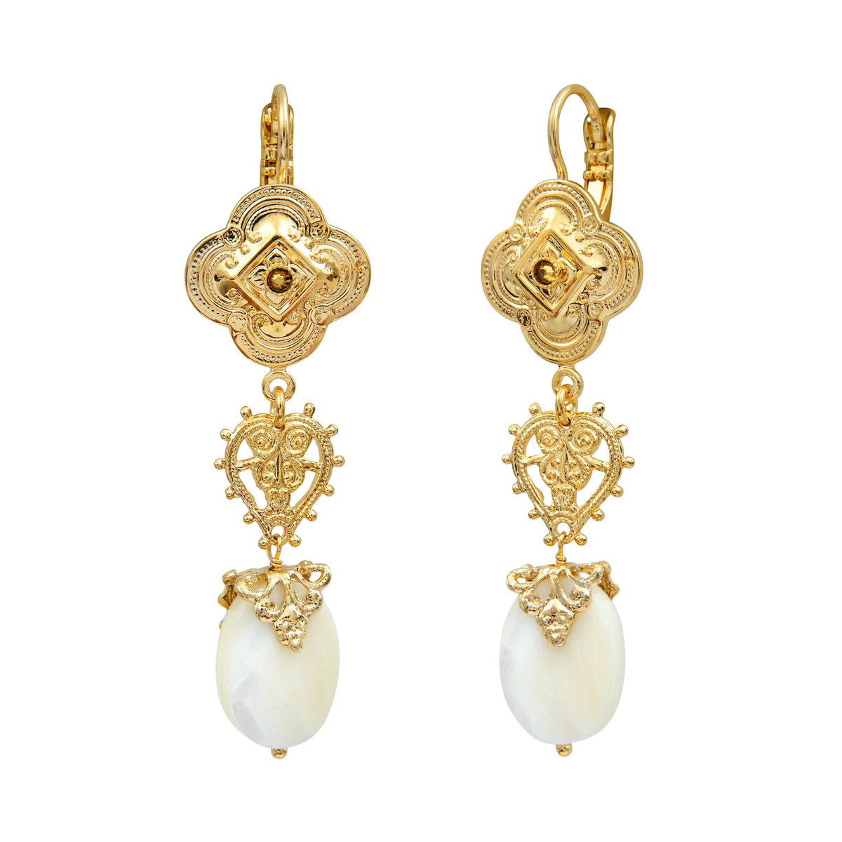 Positano Mother-of-pearl Cabochon & Crystal Dangly pierced Earrings in White