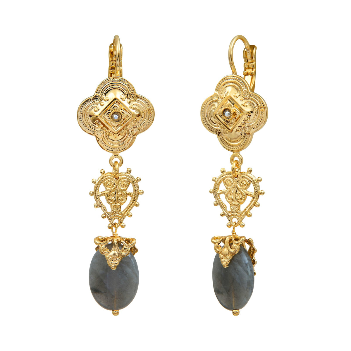 Positano Mother-of-pearl Cabochon & Crystal Dangly pierced Earrings in Grey