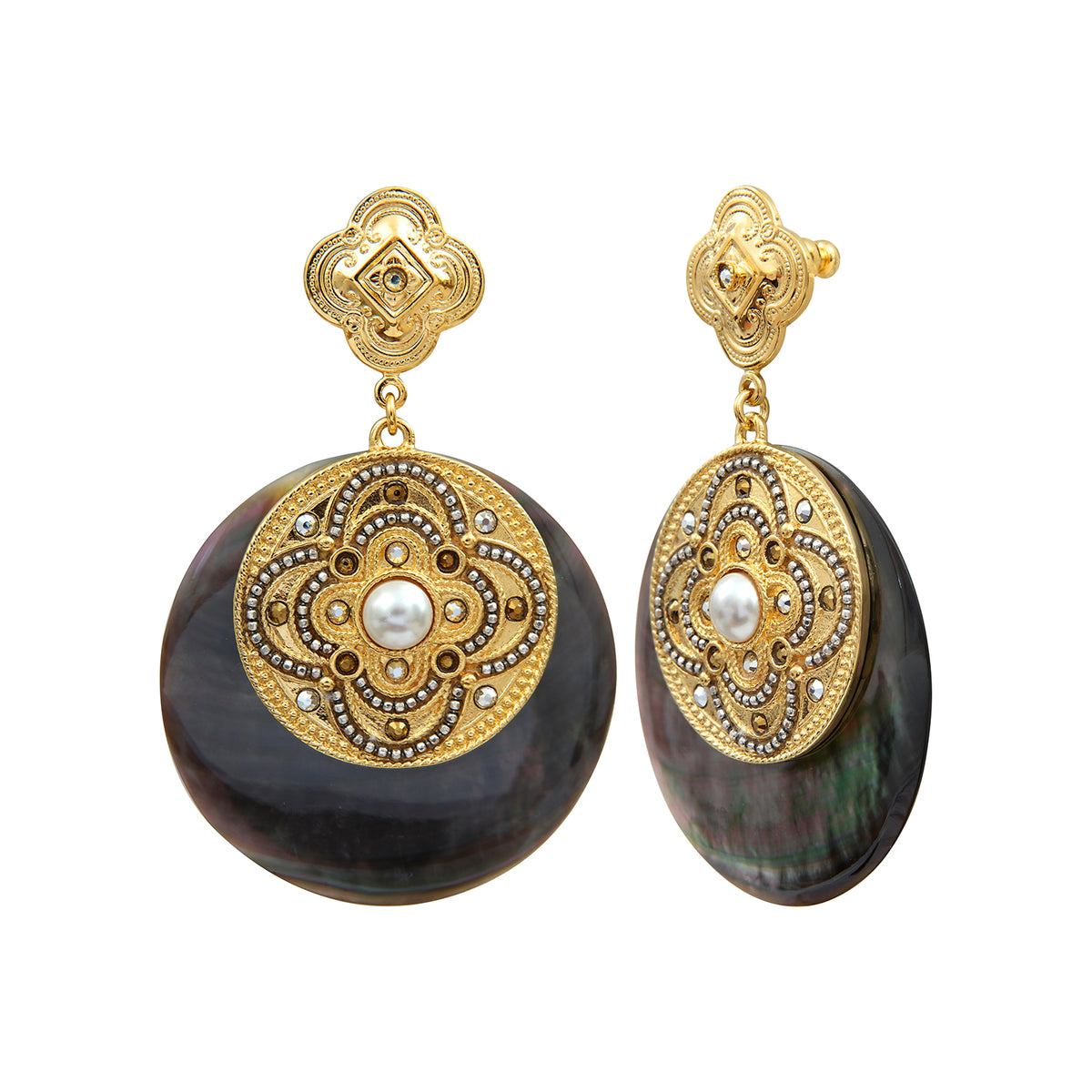 Positano Mother-of-pearl Cabochon & Crystal pierced Earrings in Grey