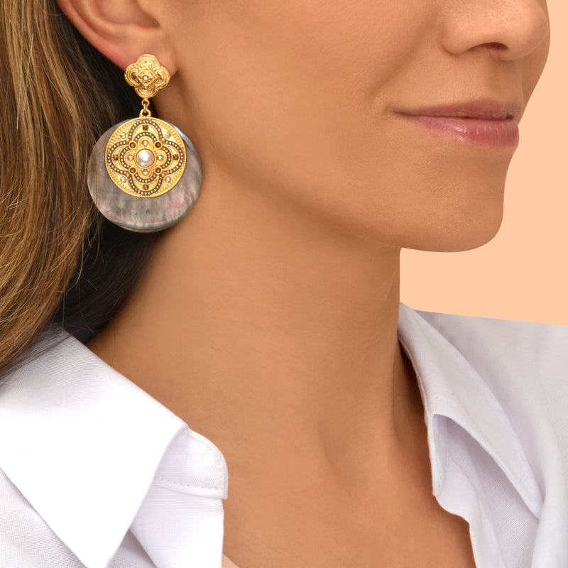 Positano Mother-of-pearl Cabochon & Crystal pierced Earrings in Grey