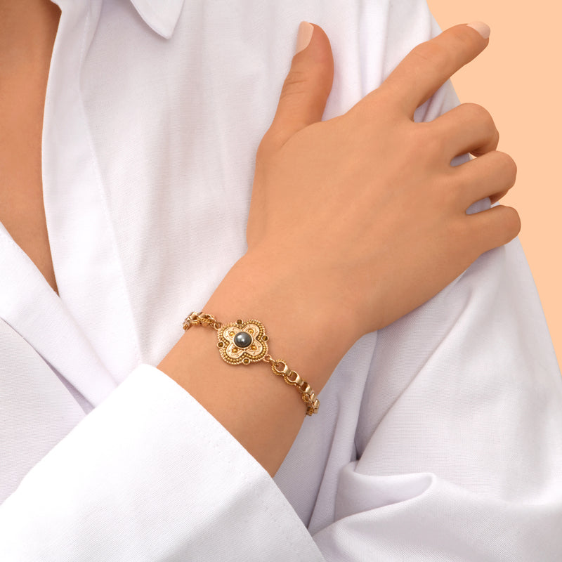 Positano Mother-of-pearl Cabochon & Crystal Adjustable Chain Bracelet in Grey