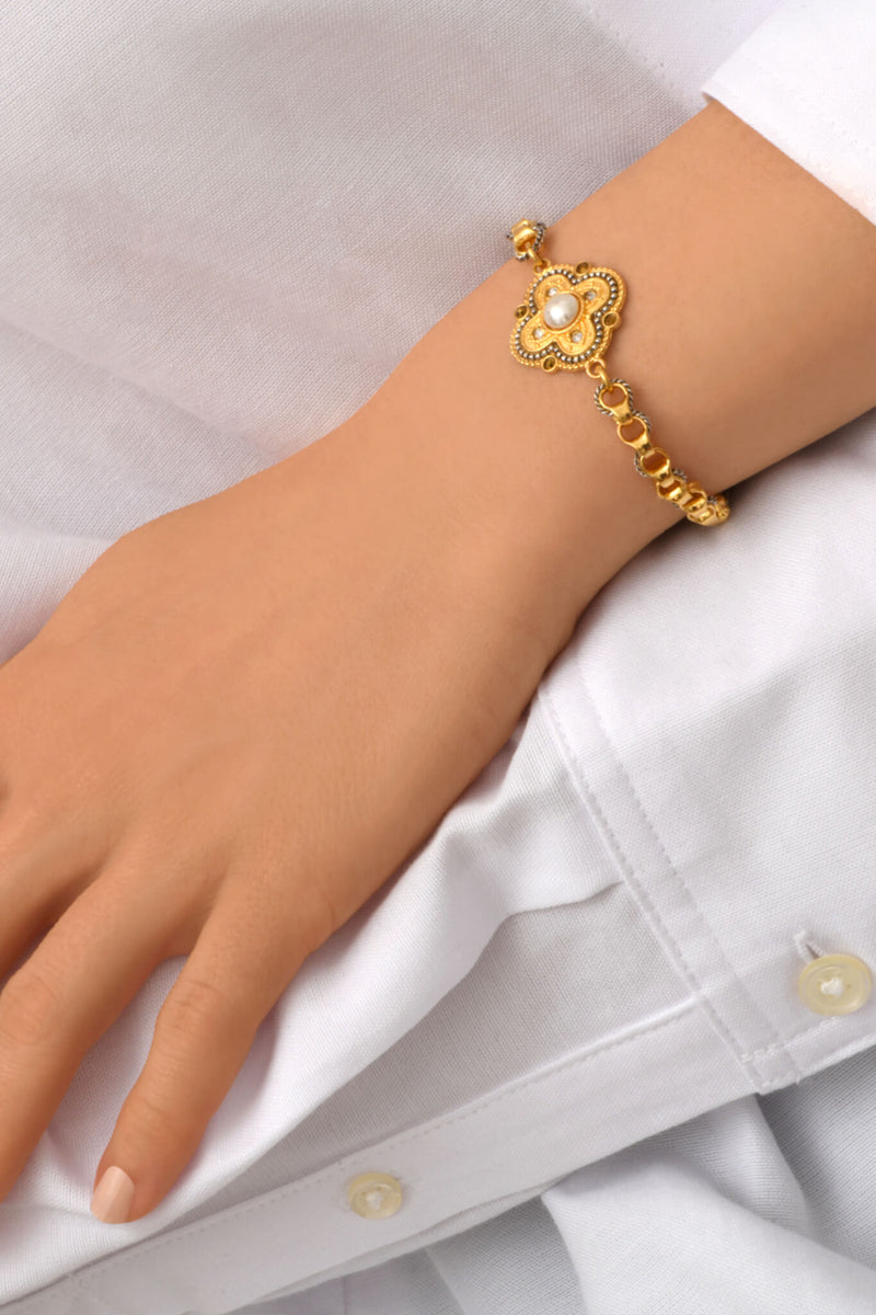 Positano Mother-of-pearl Cabochon & Crystal Adjustable Chain Bracelet in White