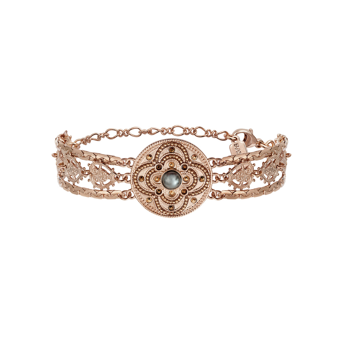 Positano Triple Row Mother-of-pearl Cabochon & Crystal Adjustable Cuff Bracelet in Grey