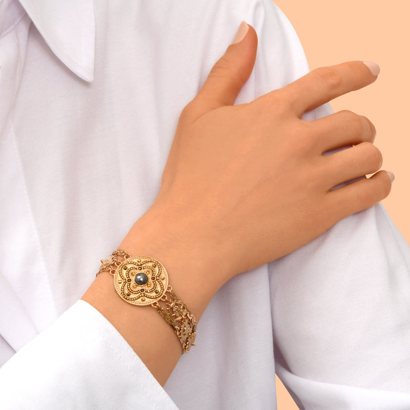 Positano Triple Row Mother-of-pearl Cabochon & Crystal Adjustable Cuff Bracelet in Grey