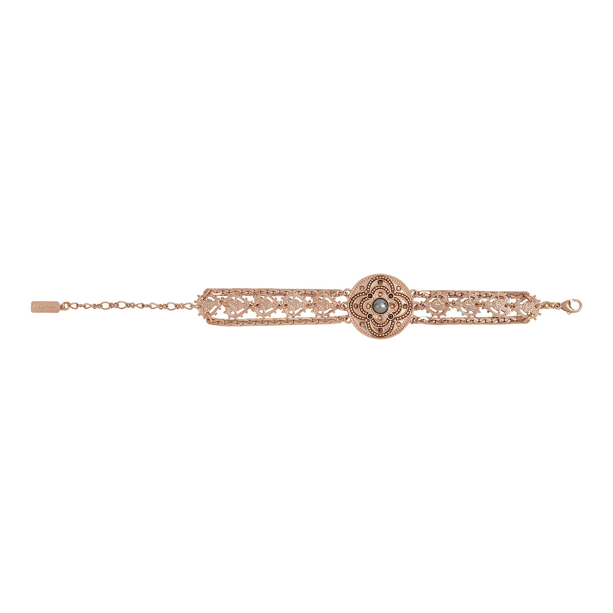 Positano Triple Row Mother-of-pearl Cabochon & Crystal Adjustable Cuff Bracelet in Grey