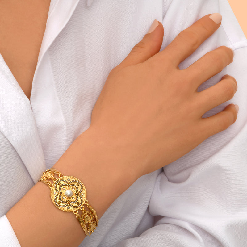 Positano Triple Row Mother-of-pearl Cabochon & Crystal Adjustable Cuff Bracelet in White
