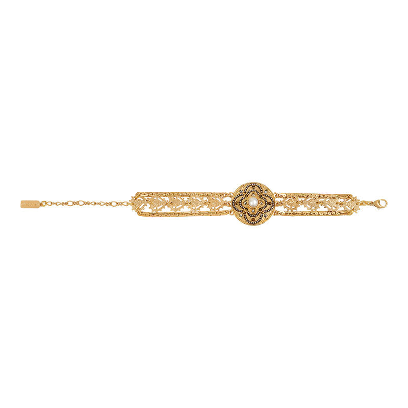 Positano Triple Row Mother-of-pearl Cabochon & Crystal Adjustable Cuff Bracelet in White