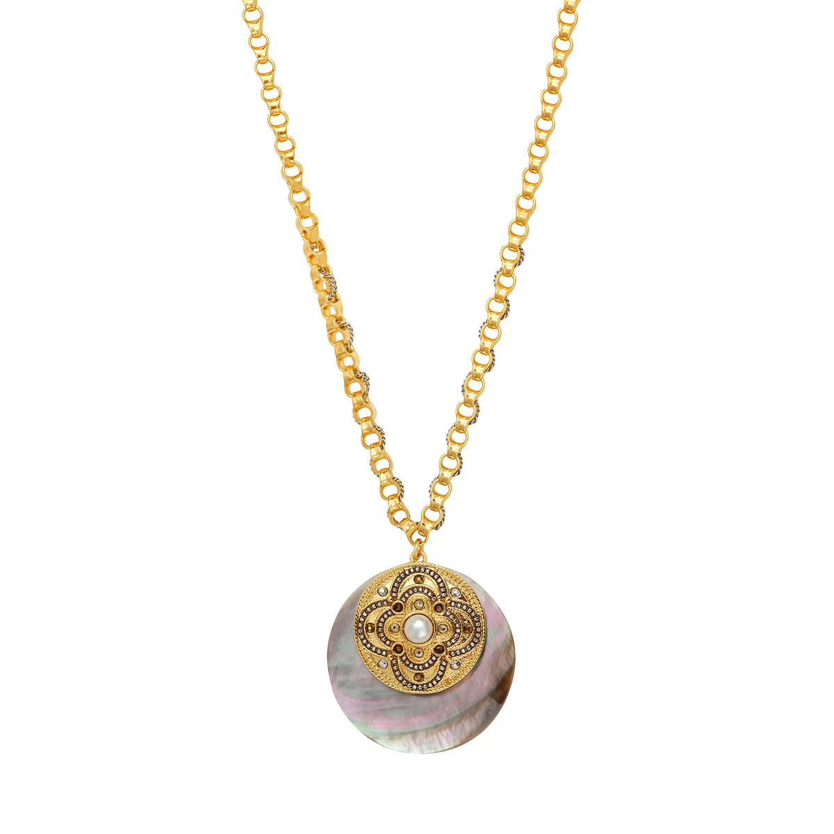 Positano Mother-of-pearl Medallion & Mother-of-pearl Cabochon Jewel Link Chain Necklace in Grey