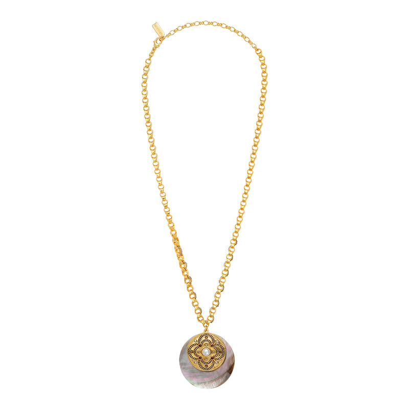Positano Mother-of-pearl Medallion & Mother-of-pearl Cabochon Jewel Link Chain Necklace in Grey