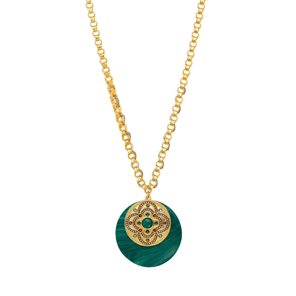Positano Malachite-effect Stone Medallion & Jewel Link Chain Necklace in Green