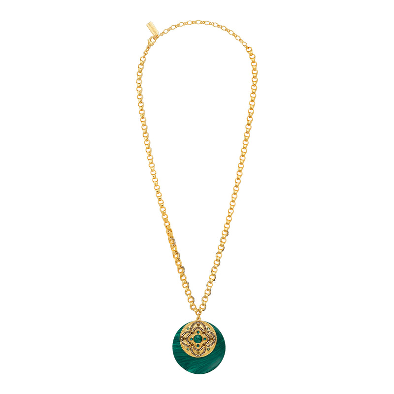 Positano Malachite-effect Stone Medallion & Jewel Link Chain Necklace in Green