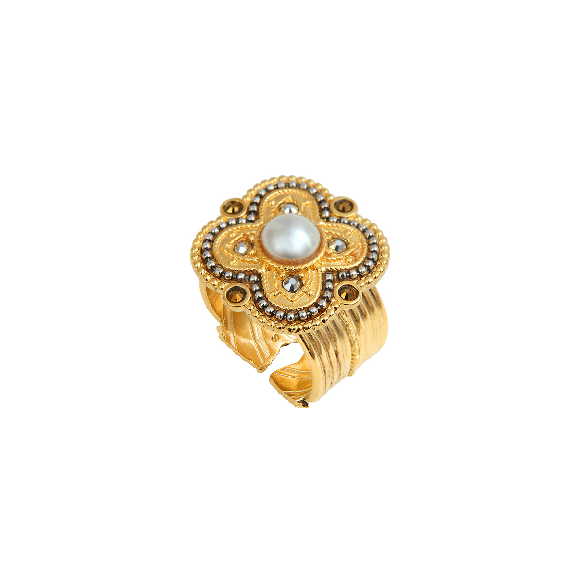 Positano Mother-of-pearl Cabochon & Crystals Adjustable Ring in White size M