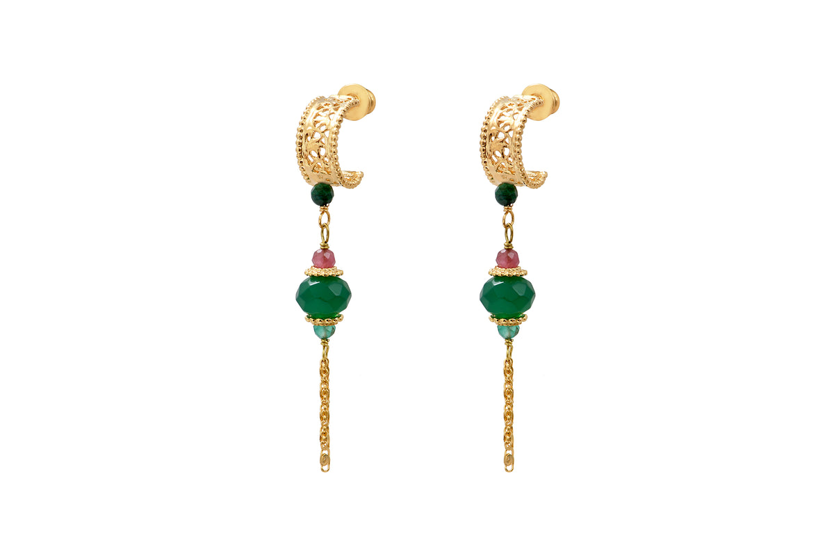 Silma Chic Gemstone Chain Butterfly Pierced Earrings in Green