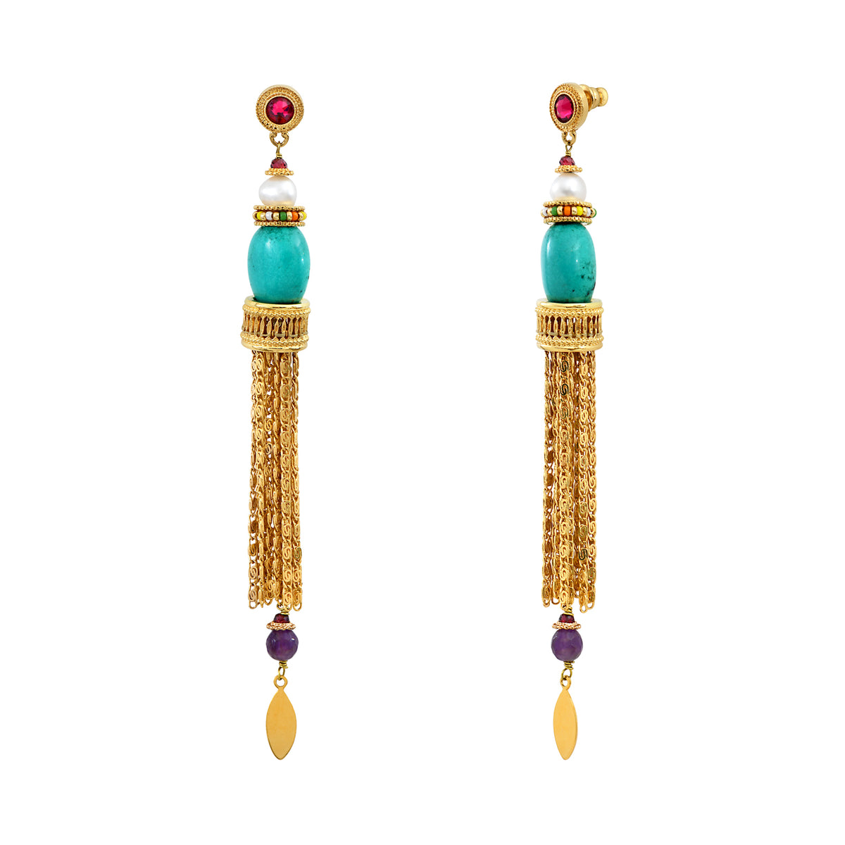 Tiki Long Dangly Stud Earrings in Turquoise