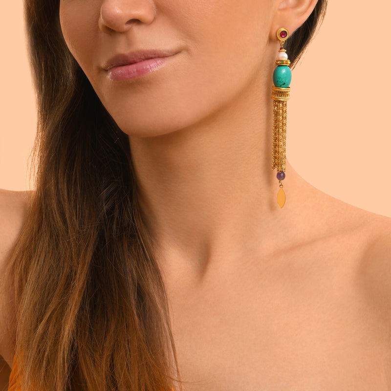 Tiki Long Dangly Stud Earrings in Turquoise