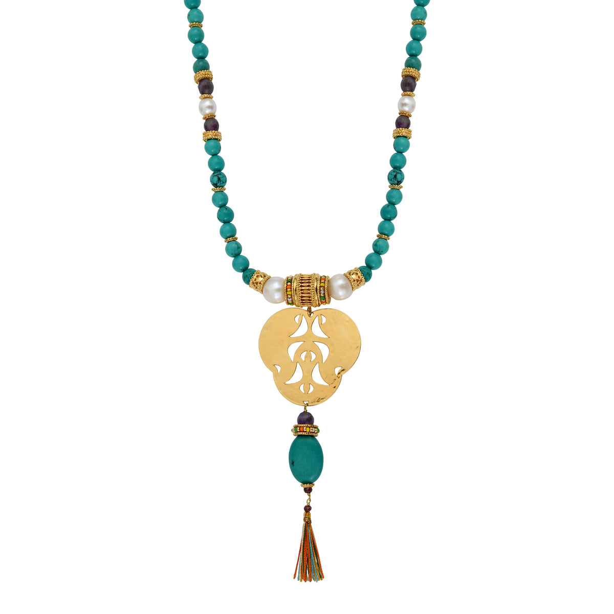 Tiki Tribal Bead Pendant Sautoir Necklace in Turquoise