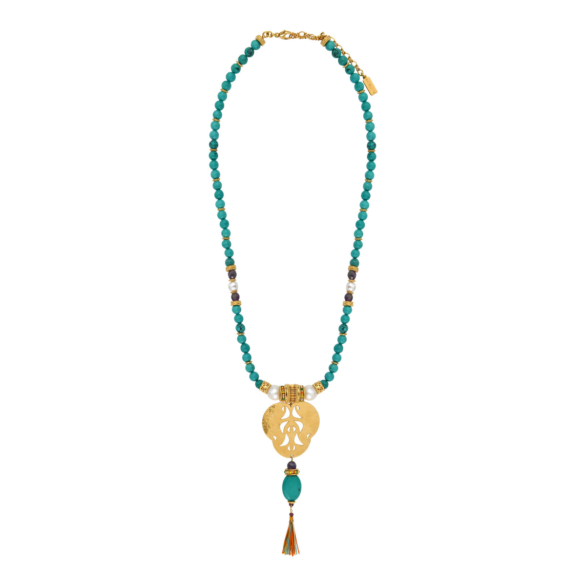 Tiki Tribal Bead Pendant Sautoir Necklace in Turquoise